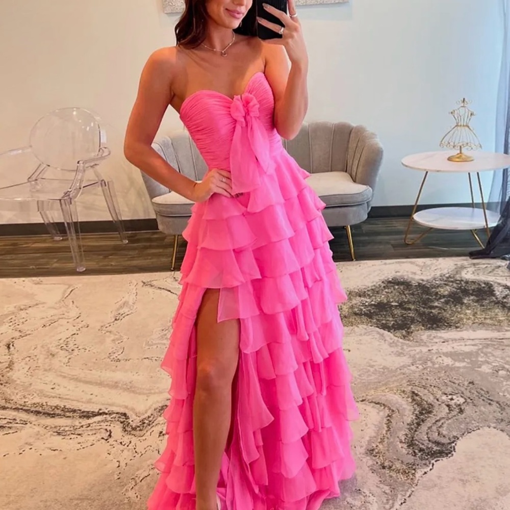 Pink Strapless Sweetheart Gown with Ruffled Tiers